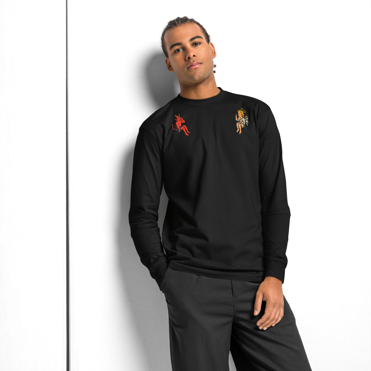 Black heavyweight angel and devil shoulder tee, alternate front view