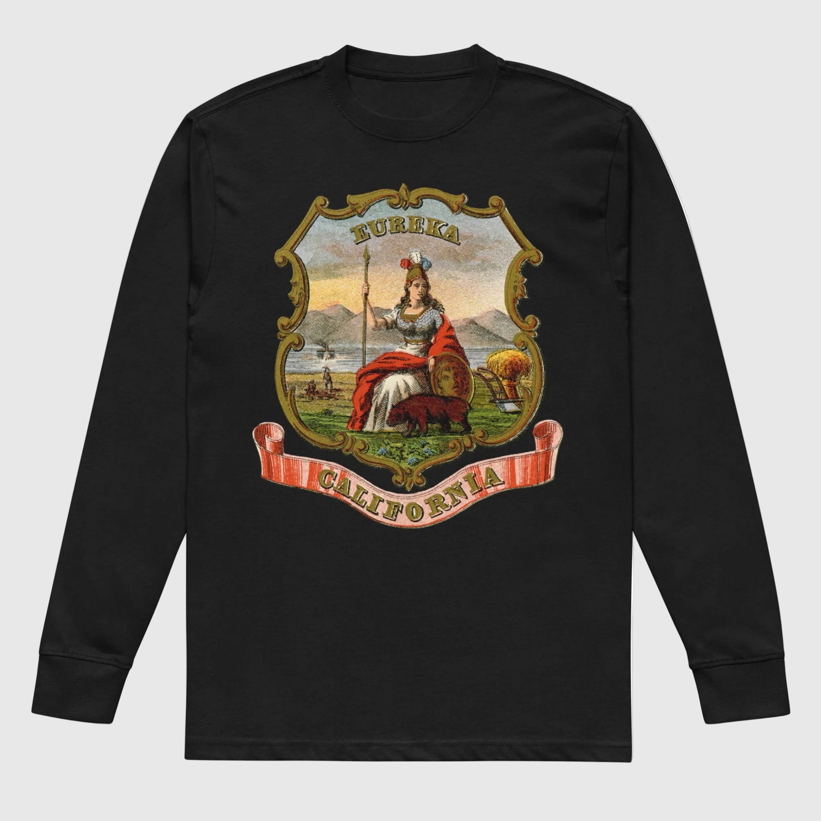 Black men's heavyweight long sleeve T-shirt featuring vintage California State Seal artwork with Eureka lettering and a gold frame.
