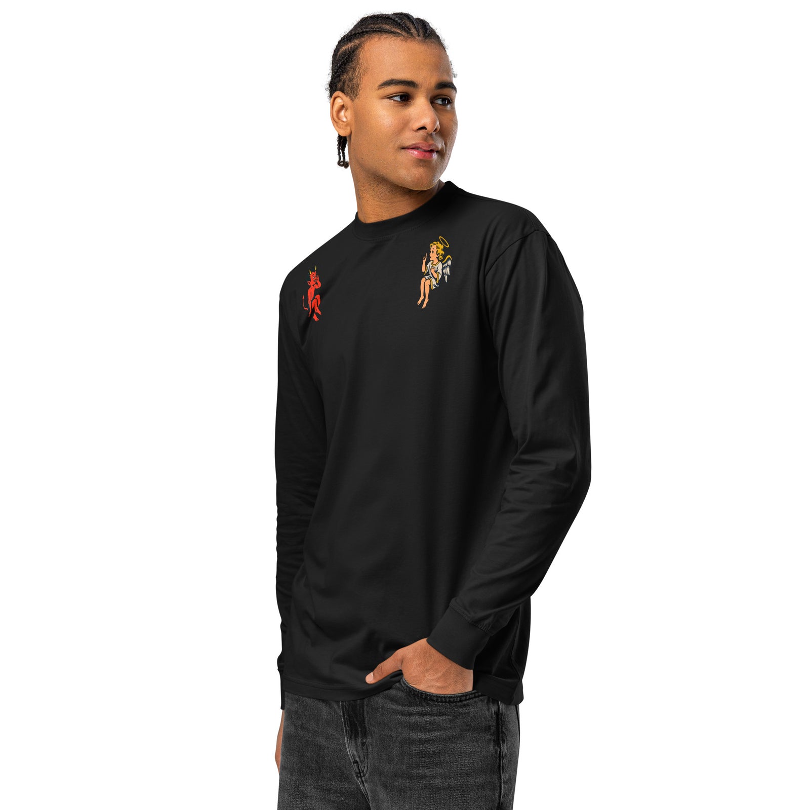 Angled left-front view of the black Free Will & Associates long sleeve tee
