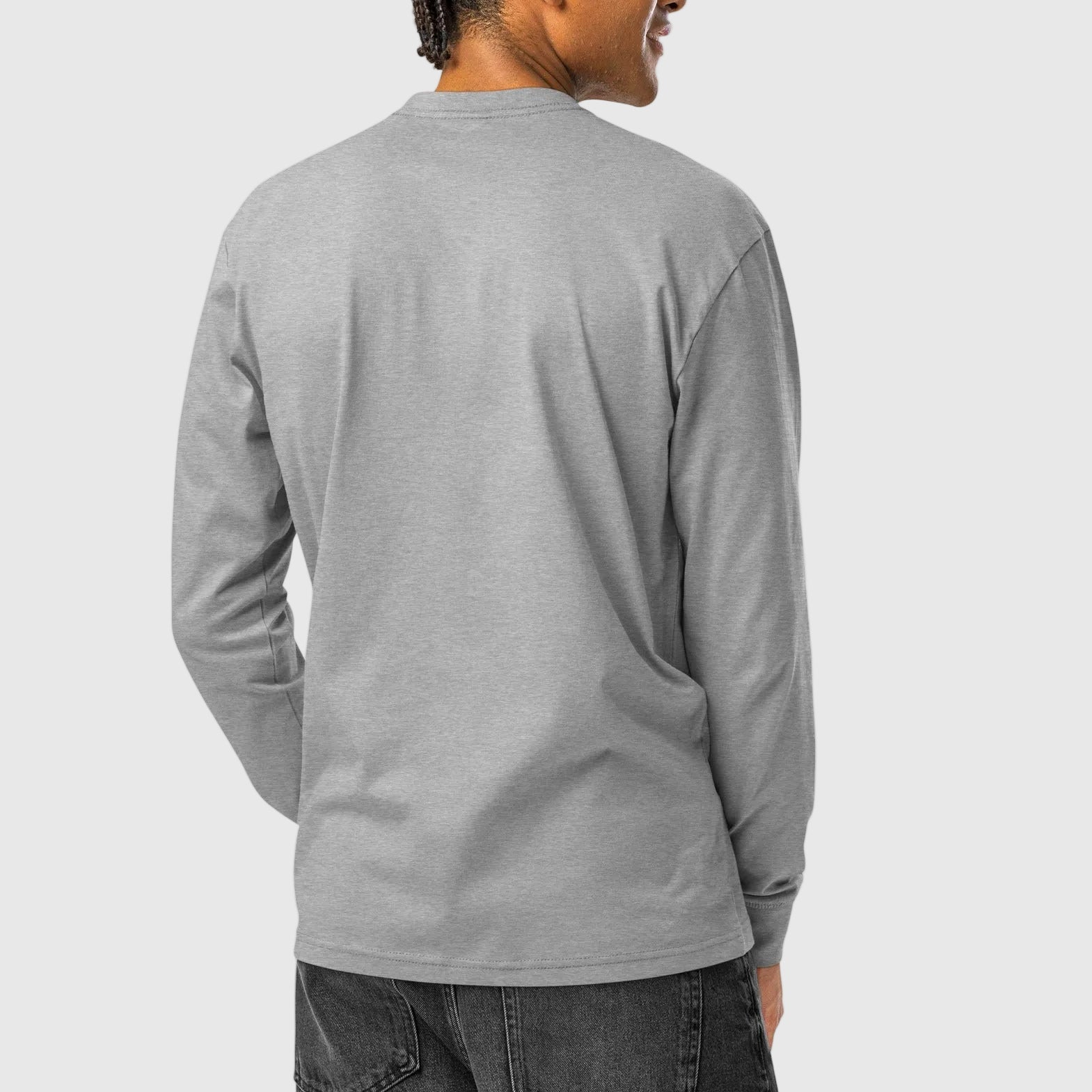 Man modeling the plain back of the Carbon Grey California State Seal heavyweight long sleeve T-shirt.