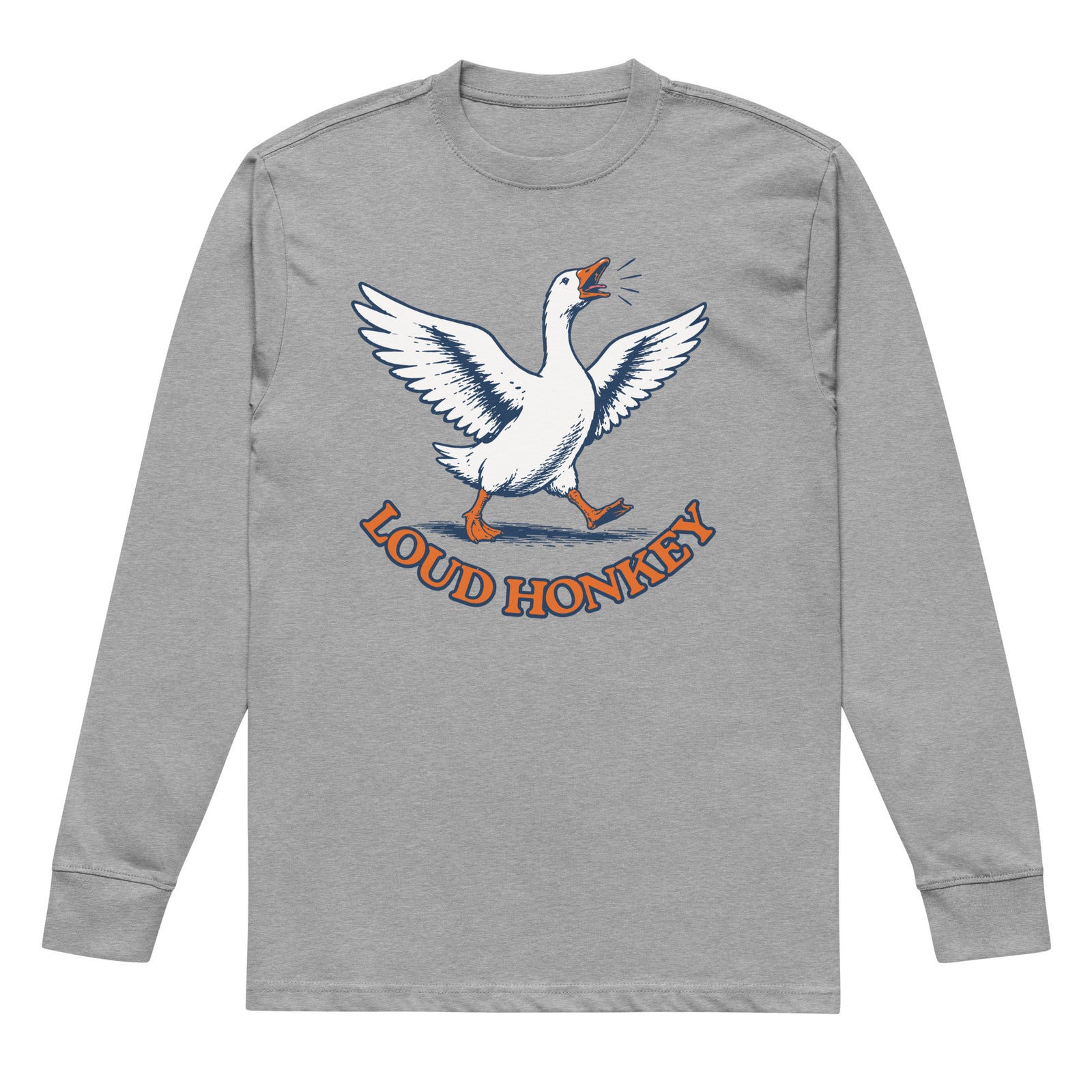 A heather gray long-sleeve t-shirt featuring a graphic of a white flying goose with orange beak and feet, above the text 'LOUD HONKEY' in orange.