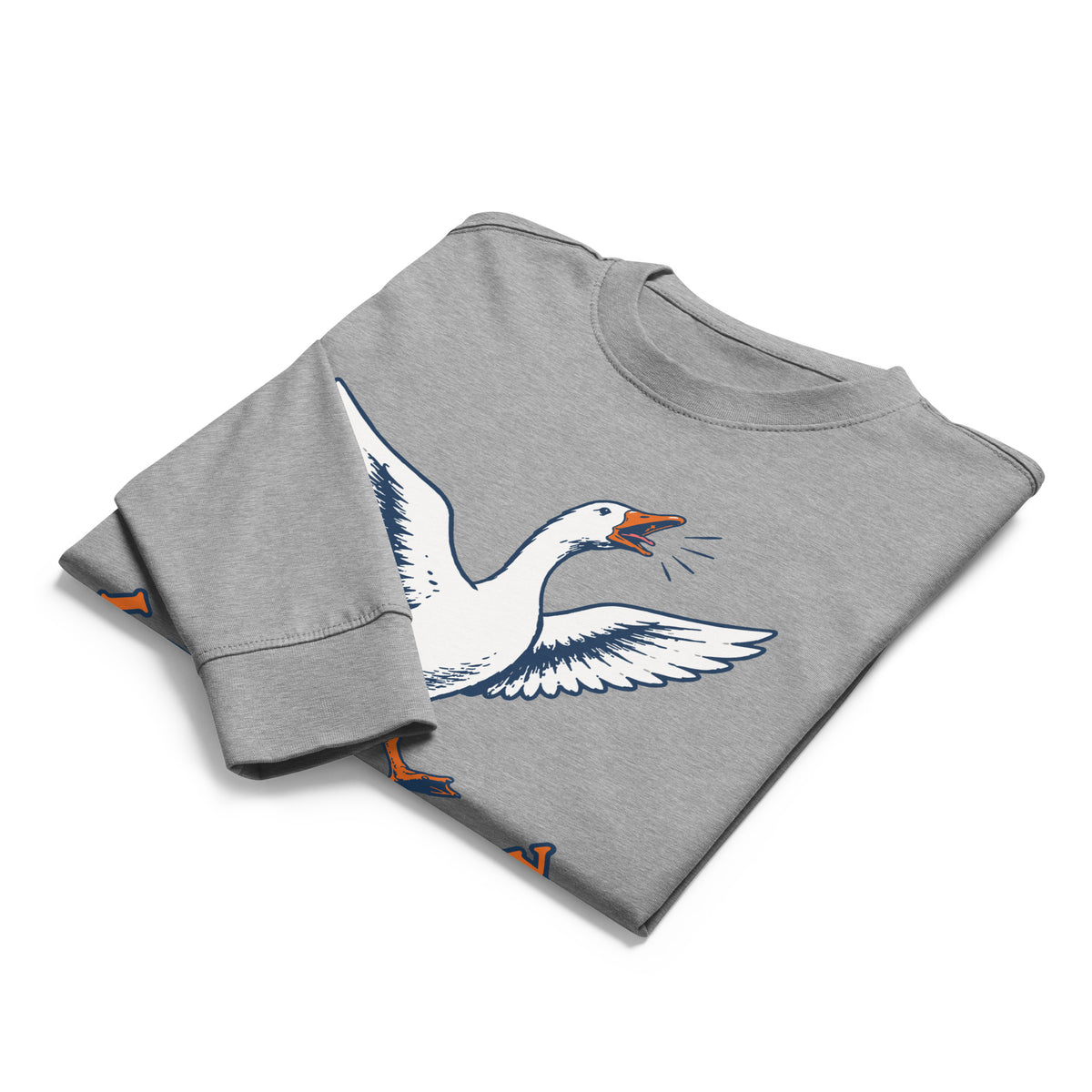 A folded heather gray crewneck t-shirt featuring a graphic print of a flying white bird with blue wing details and an orange beak, shown on a plain white background.