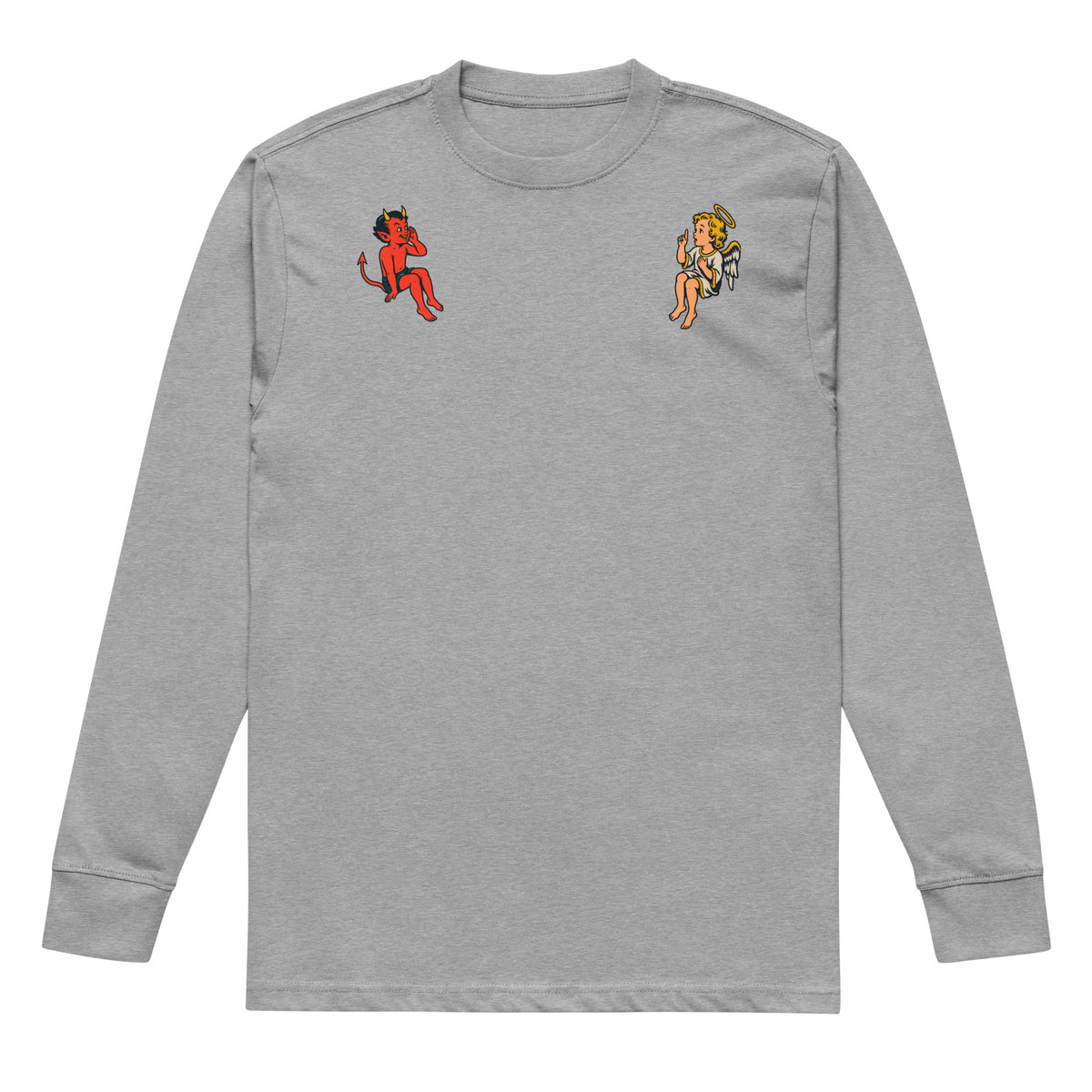 Carbon Grey angel and devil shoulder heavyweight long sleeve tee, front view