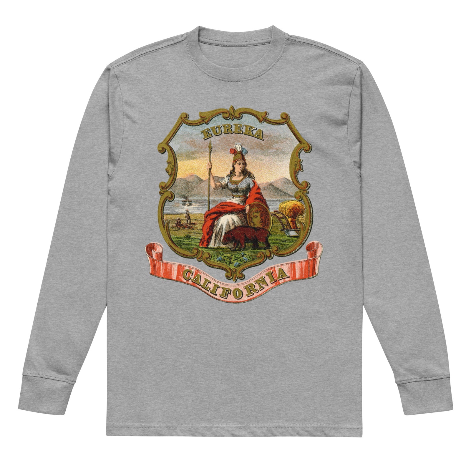 Carbon Grey men's heavyweight long sleeve T-shirt with vintage California State Seal, ornate gold border and red California banner.
