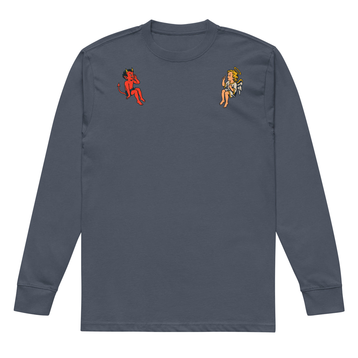 Harbor Blue angel and devil shoulder heavyweight long sleeve tee, front view