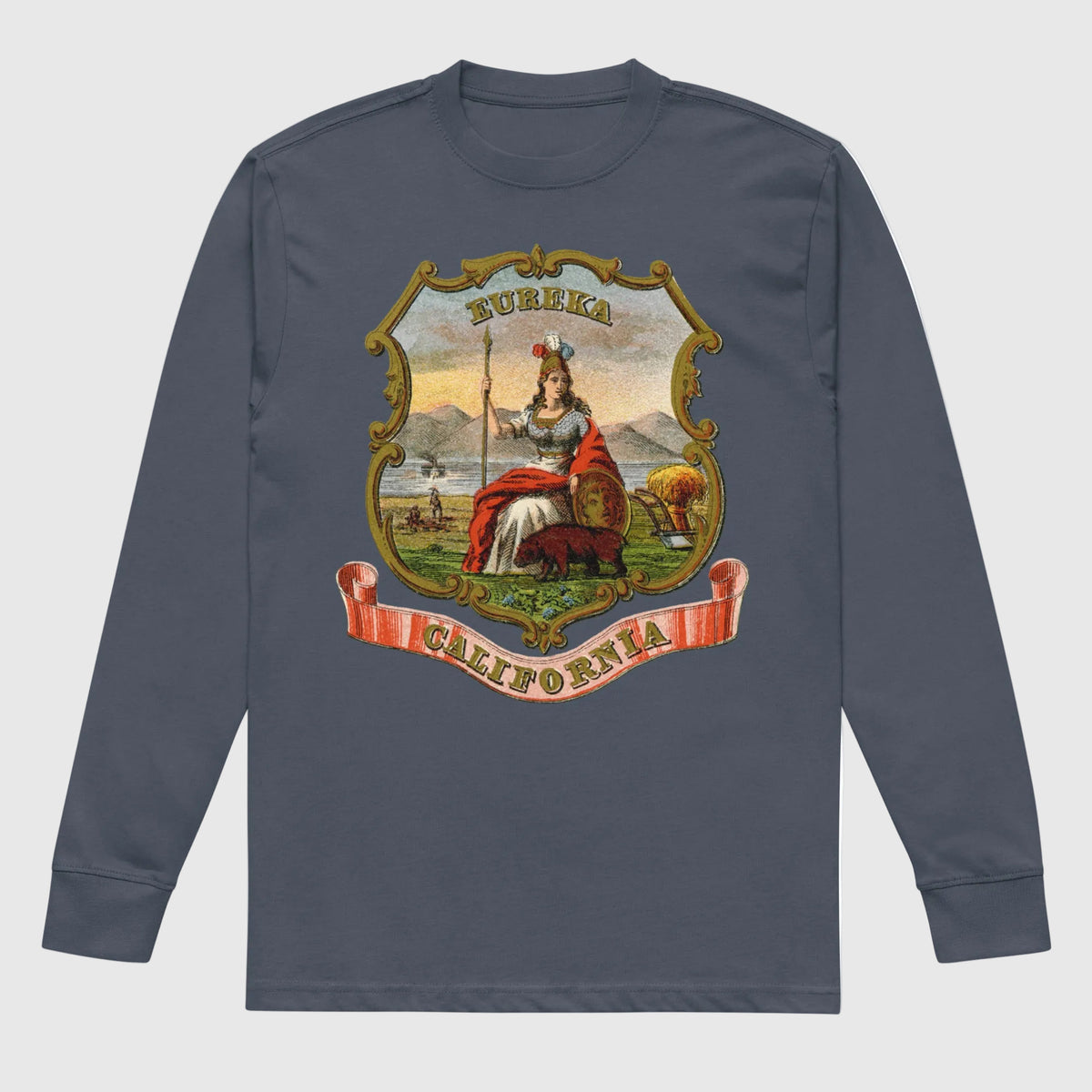 Harbor Blue men's vintage heavyweight long sleeve T-shirt with California State Seal artwork and a red California banner.