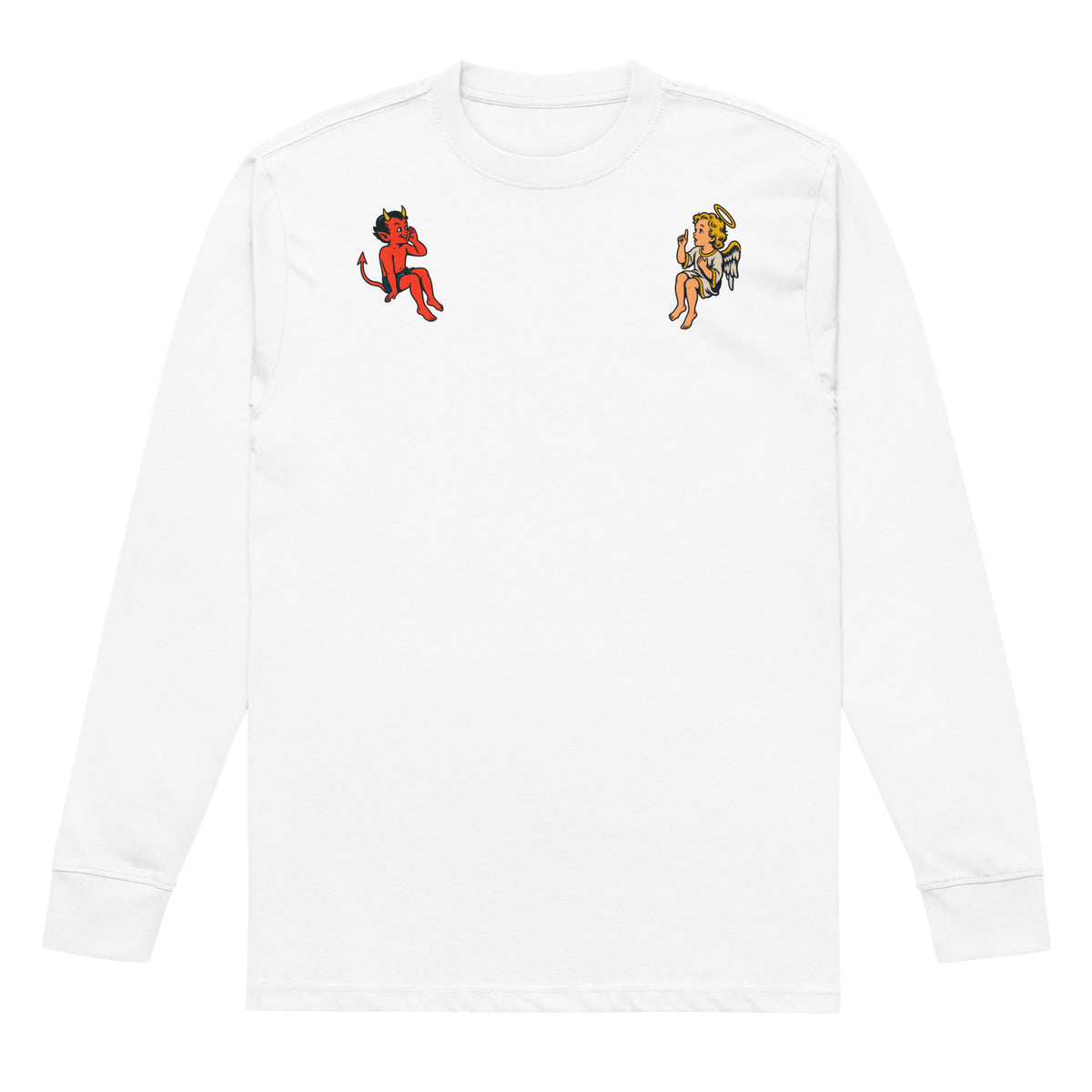 White angel and devil shoulder heavyweight long sleeve tee, front view