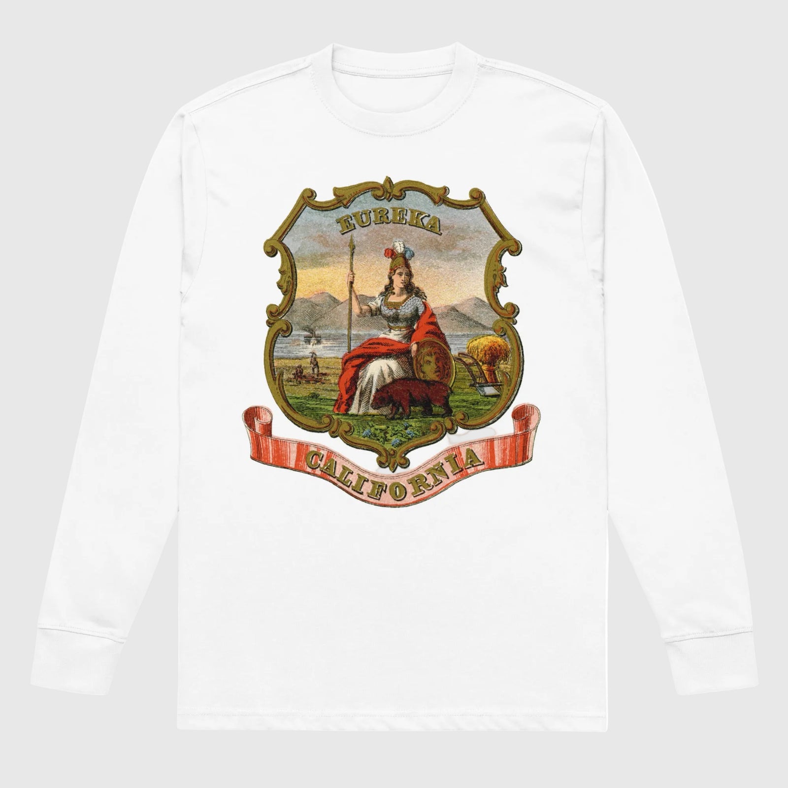 White men's vintage heavyweight long sleeve T-shirt with colorful California State Seal artwork and Eureka lettering.