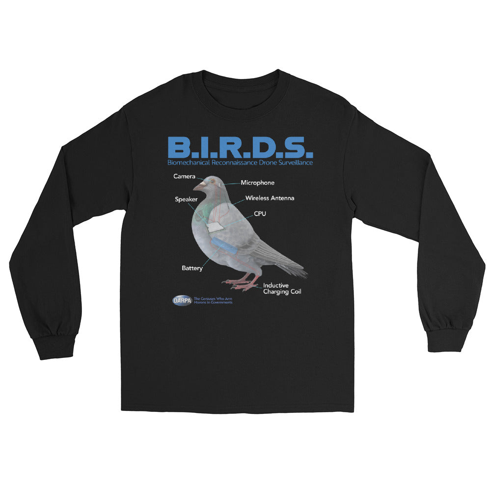A long sleeve black t-shirt with a graphic print of a bird and text related to the B.I.R.D.S. project.