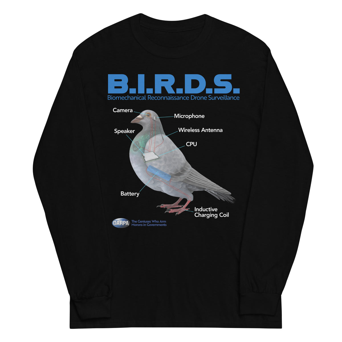 B.I.R.D.S. long sleeve shirt showing pigeon surveillance drone diagram with labeled parts including camera, microphone, speaker, CPU, battery, antenna, and charging coil.