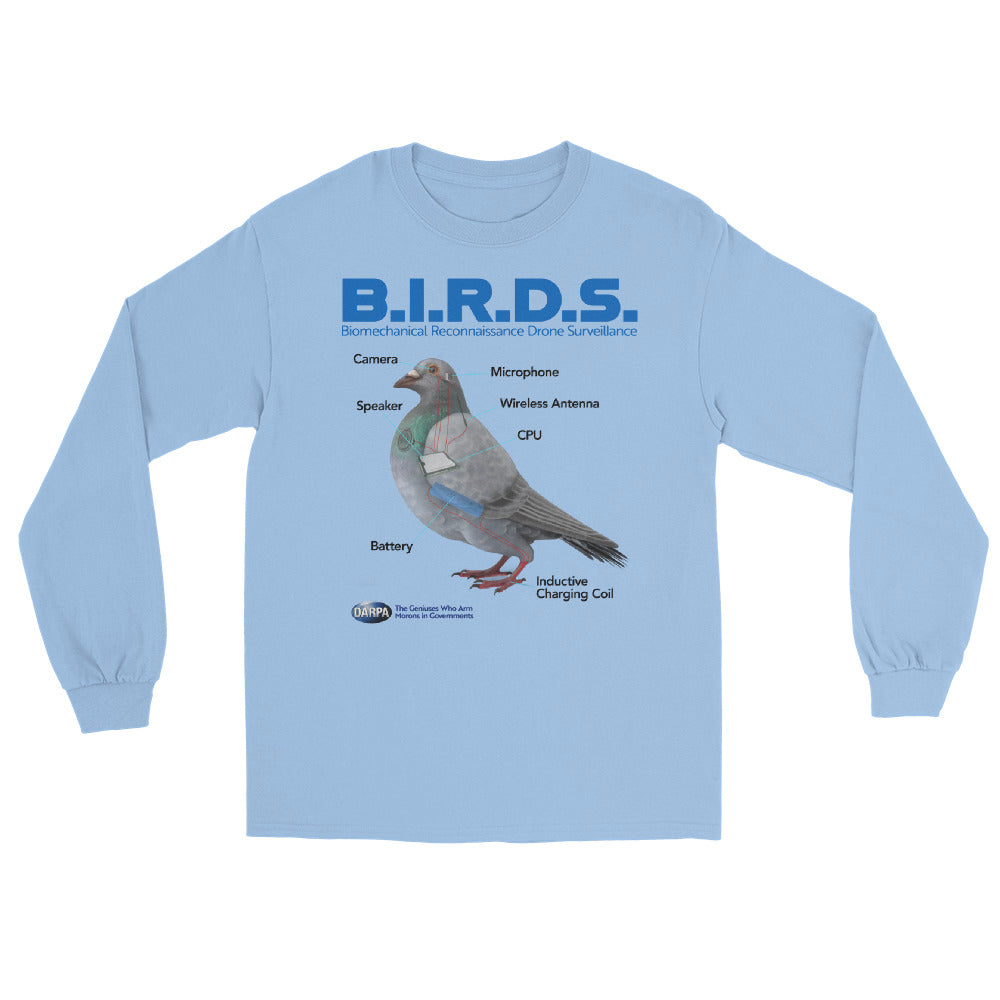 B.I.R.D.S. long sleeve light blue shirt showing pigeon surveillance drone diagram with labeled parts including camera, microphone, speaker, CPU, battery, antenna, and charging coil.