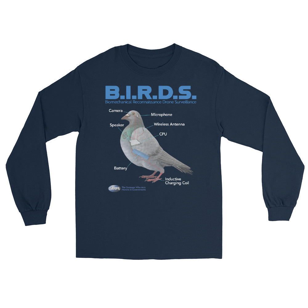 B.I.R.D.S. long sleeve shirt showing pigeon surveillance drone diagram with labeled parts including camera, microphone, speaker, CPU, battery, antenna, and charging coil.