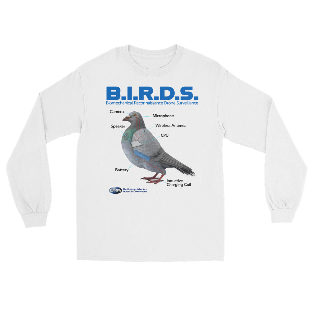 B.I.R.D.S. long sleeve shirt showing pigeon surveillance drone diagram with labeled parts including camera, microphone, speaker, CPU, battery, antenna, and charging coil.