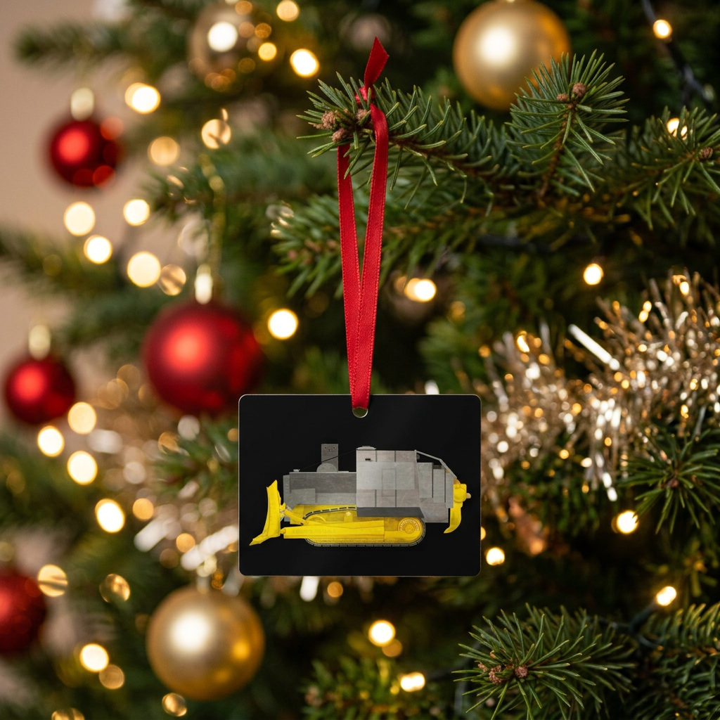 A metal ornament shaped like a bulldozer with a red ribbon for hanging.