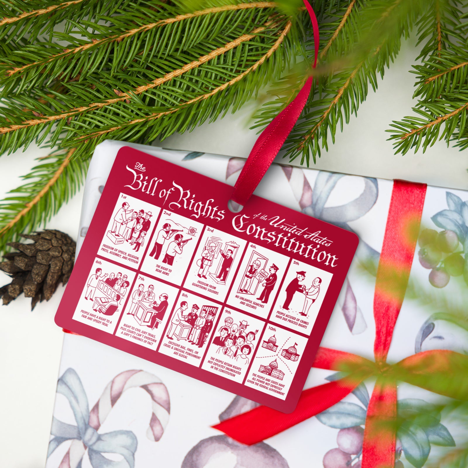 Red 'Bill of Rights' Constitution card with white illustrations on a wrapped gift with a red ribbon and greenery.