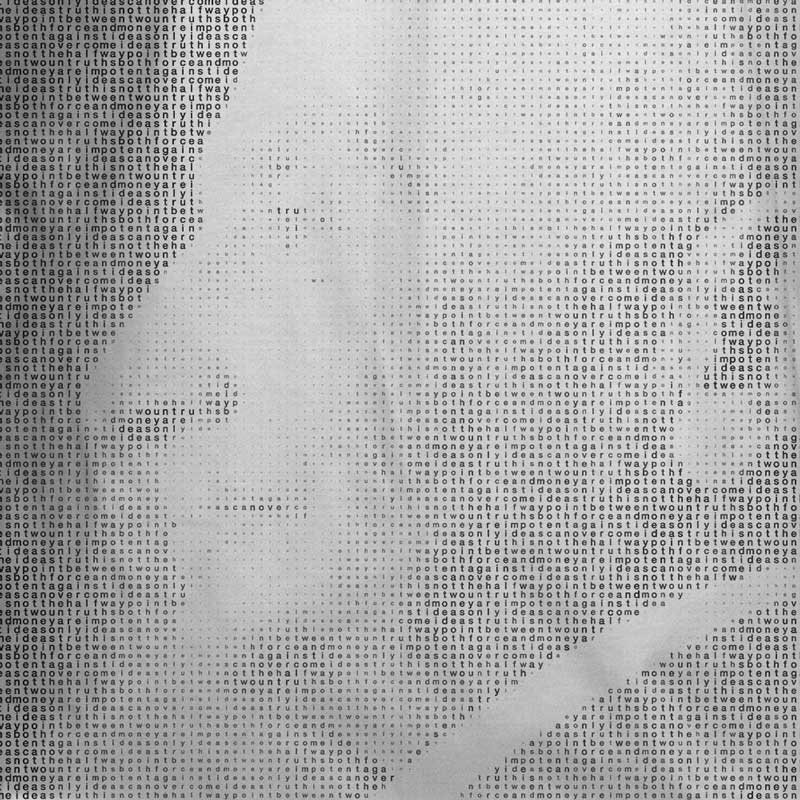 Ludwig von Mises portrait made from repeated quote text on a typographic graphic t-shirt.