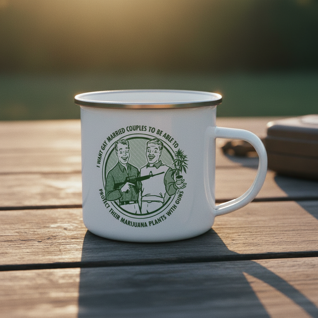 A white enamel-style mug with a silver rim sits on a wooden table outdoors. The mug has a green circular graphic showing two people and text around them.