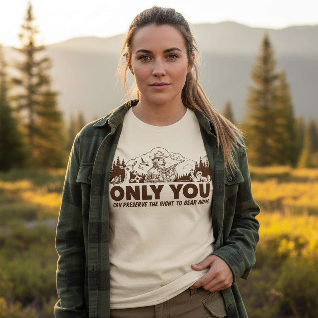
A woman with a serious expression stands in a sunlit field, wearing a flannel shirt over a cream-colored t-shirt. The t-shirt has a brown graphic of a cartoon bear, styled after Smokey Bear, holding a rifle in a forest scene with a deer, squirrels, and birds. Below the image, the text reads, &quot;ONLY YOU CAN PRESERVE THE RIGHT TO BEAR ARMS.&quot;