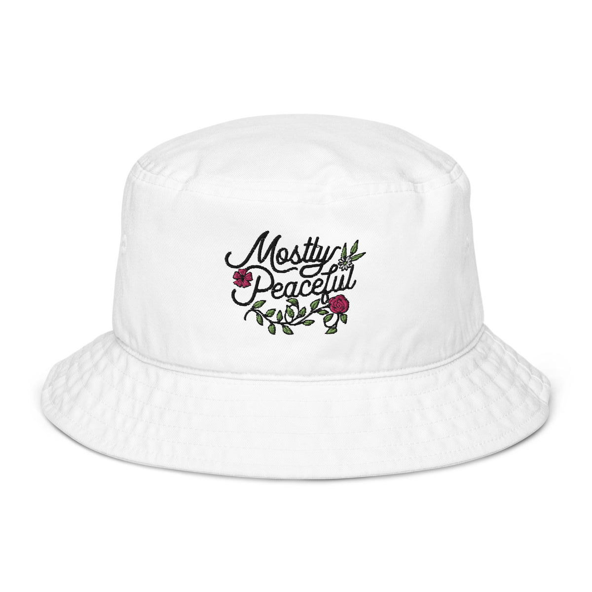 Mostly Peaceful Embroidered Organic Bucket Hat