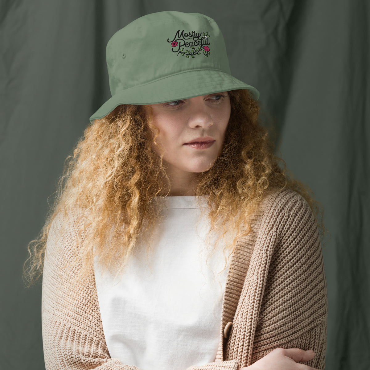 Mostly Peaceful Embroidered Organic Bucket Hat