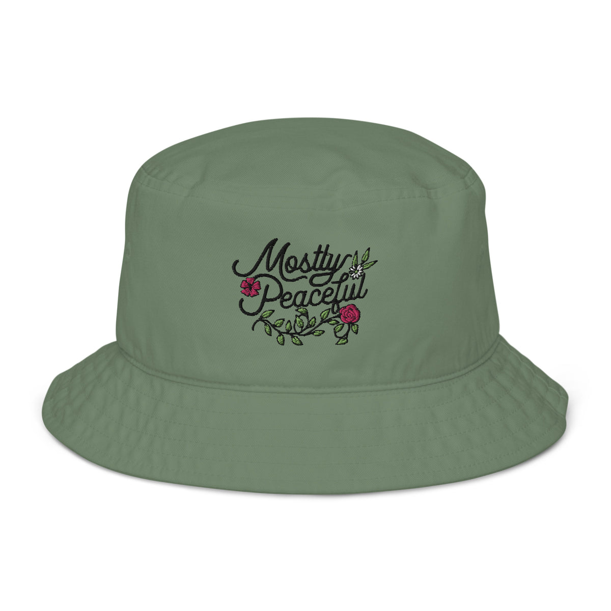 Mostly Peaceful Embroidered Organic Bucket Hat