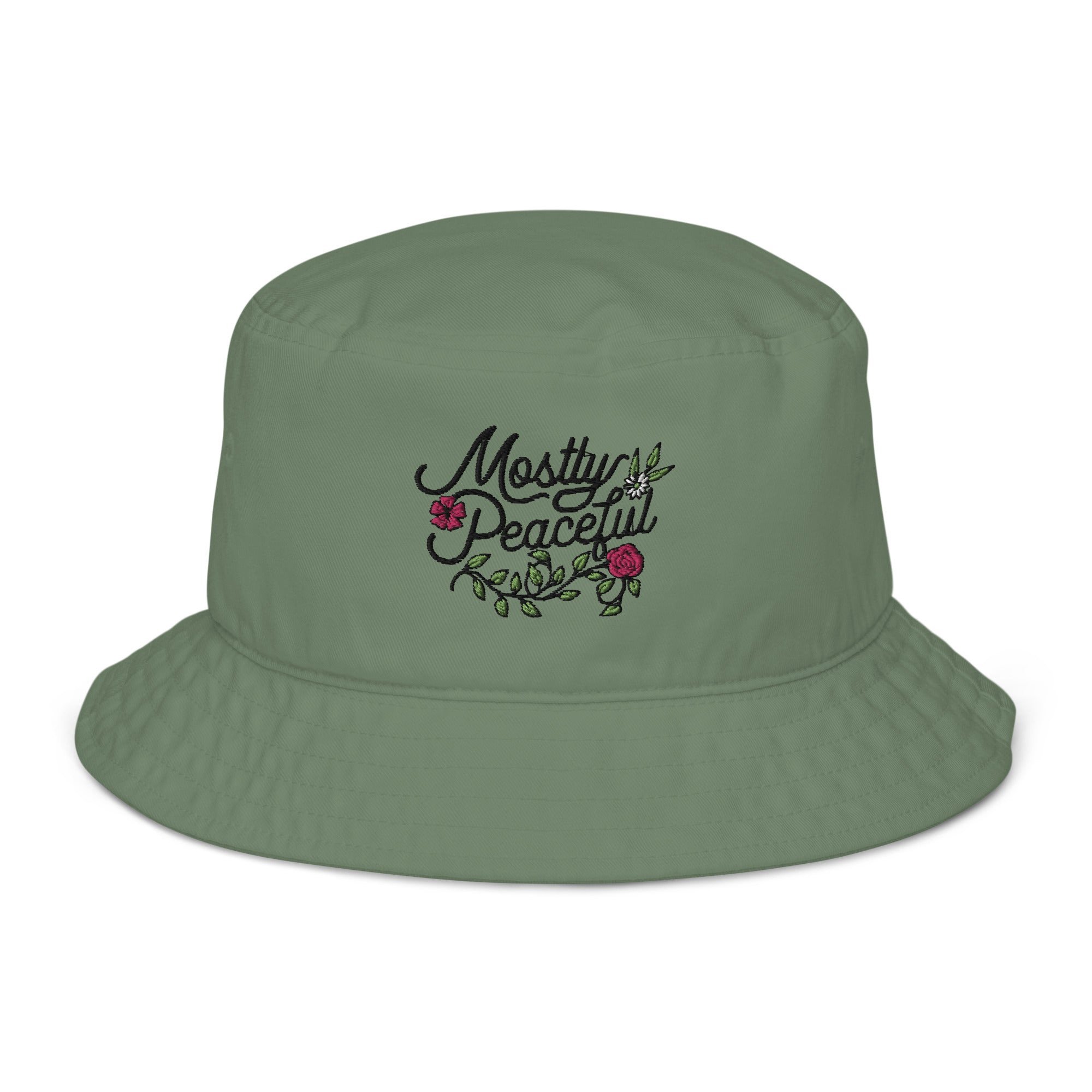 Mostly Peaceful Embroidered Organic Bucket Hat