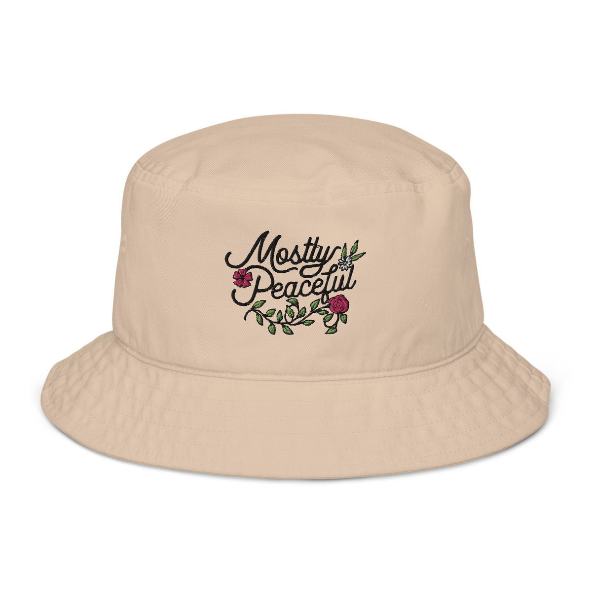 Mostly Peaceful Embroidered Organic Bucket Hat