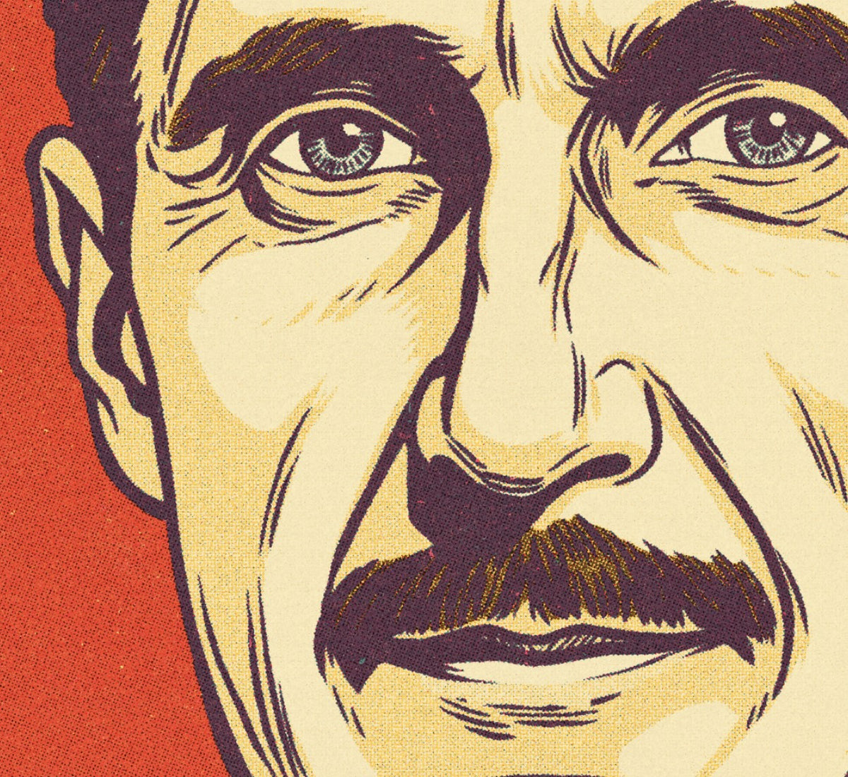 Close-up of a stylized portrait with a red background