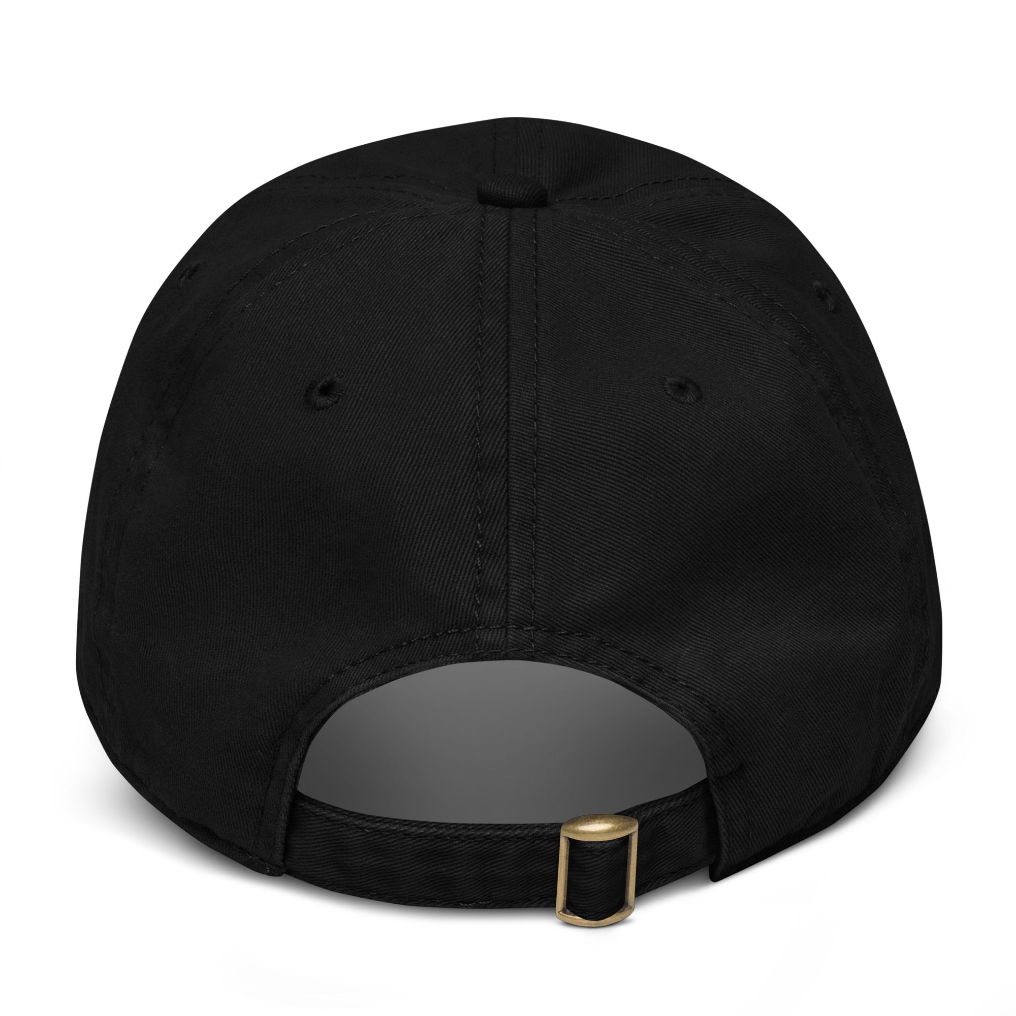 Black cap with a gold buckle on a white background