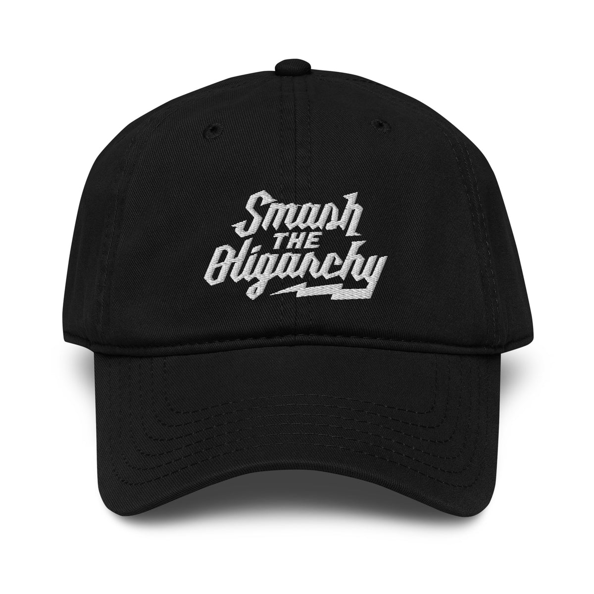 Black cap with &#39;Smash The Oligarchy&#39; text on a white background