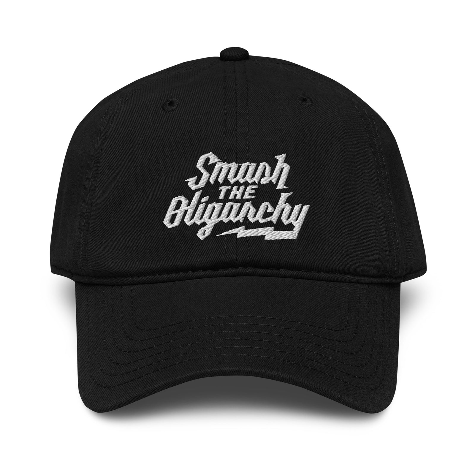 Black cap with 'Smash The Oligarchy' text on a white background