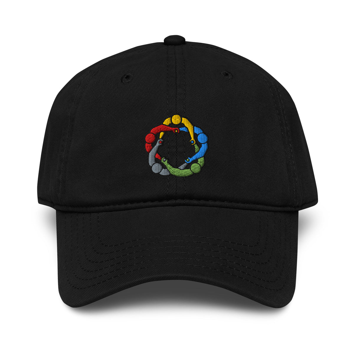 Black garment-washed baseball cap with embroidered Mutual Affirmation Society circlejerk logo