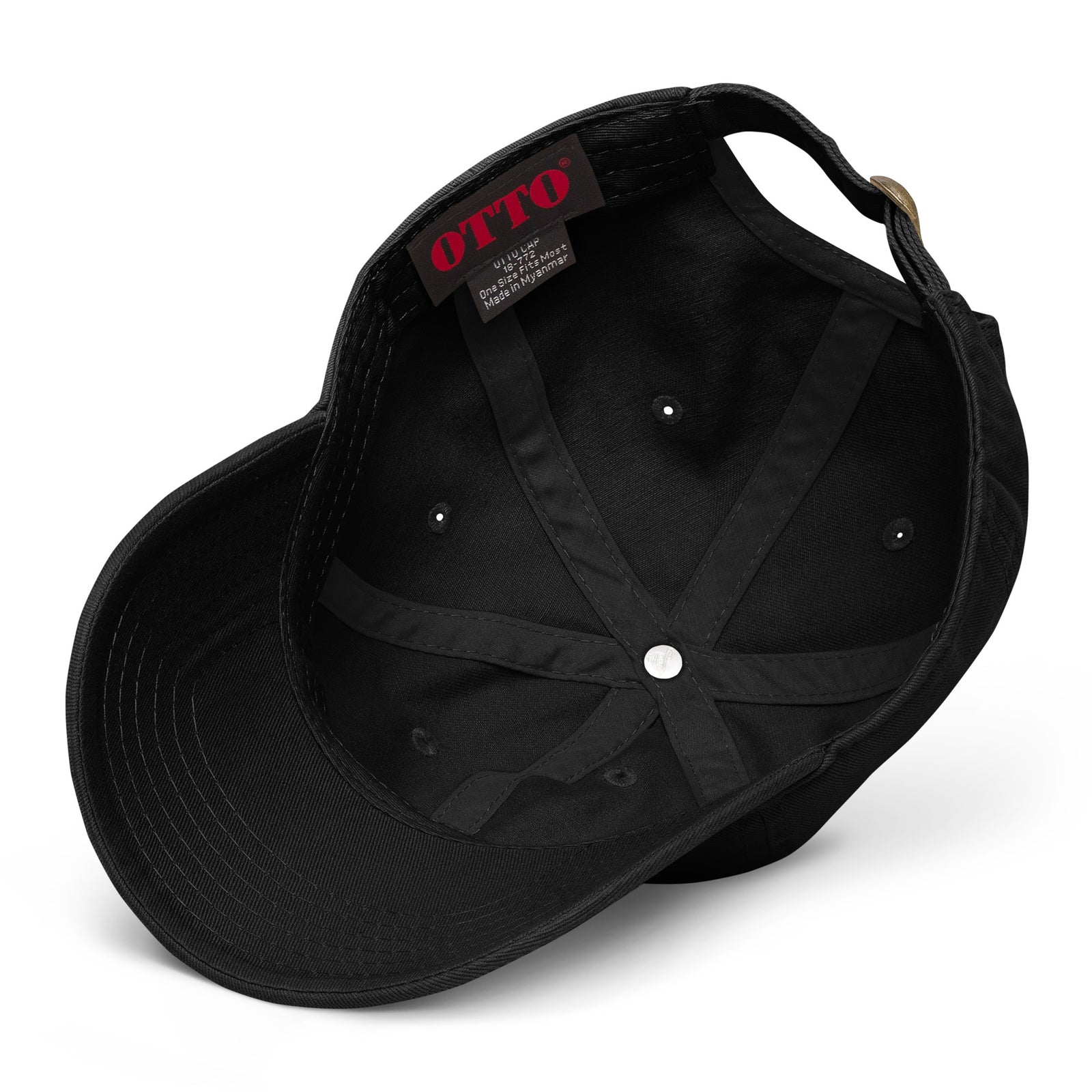 Black cap with a brand label on a white background