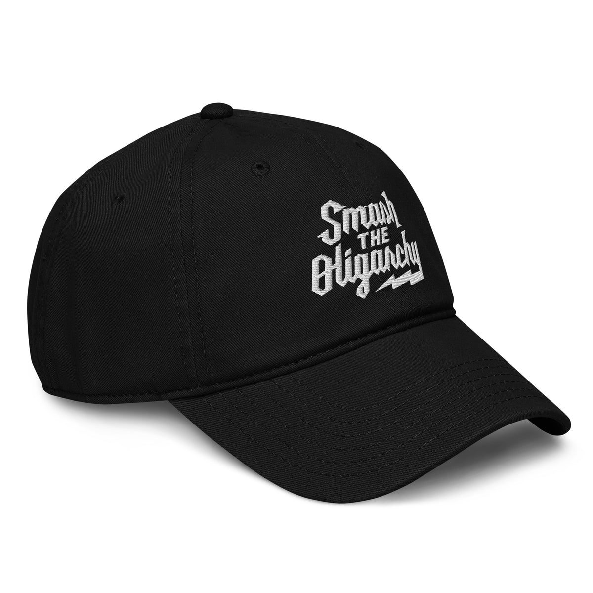 Black cap with white text &#39;Smash The Oligarchy&#39; on a white background