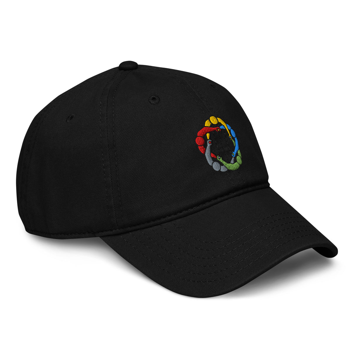 Black circlejerk meme baseball cap with five-color embroidered logo, right-front view