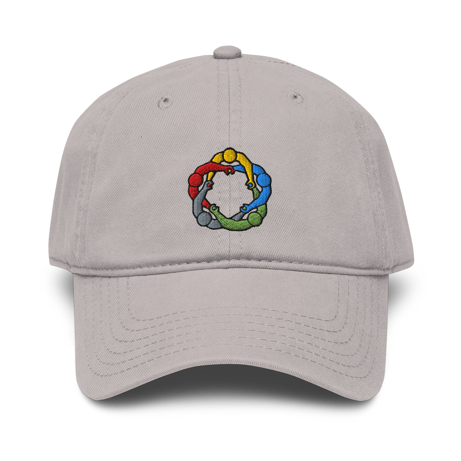 Gray Mutual Affirmation Society garment-washed baseball cap with five-color embroidered meme logo