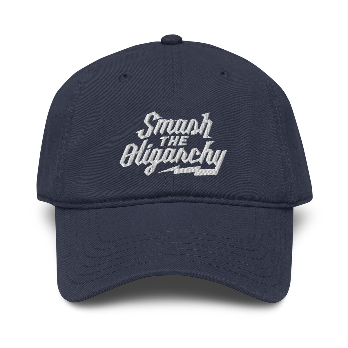 Navy blue cap with &#39;Smash the Oligarchy&#39; text on a white background