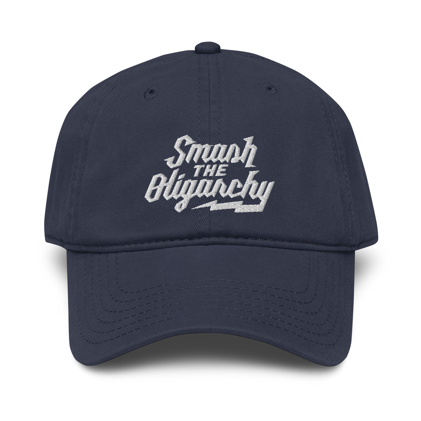 Navy blue cap with 'Smash the Oligarchy' text on a white background