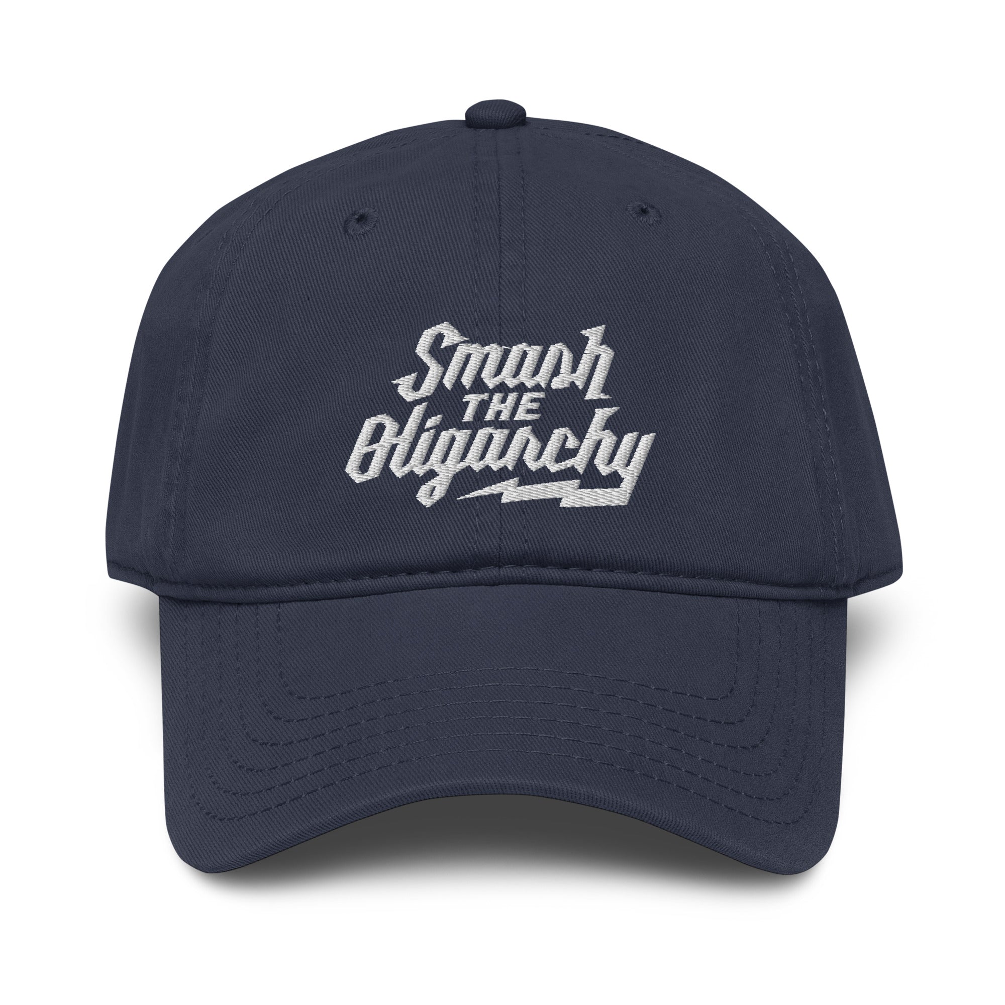 Navy blue cap with 'Smash the Oligarchy' text on a white background