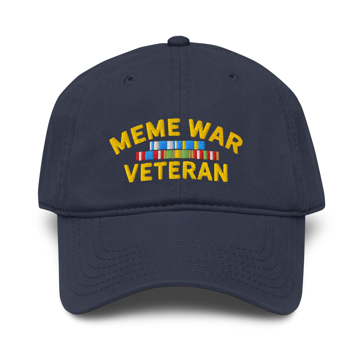 Navy blue cap with &#39;Meme War Veteran&#39; text and ribbons on a white background