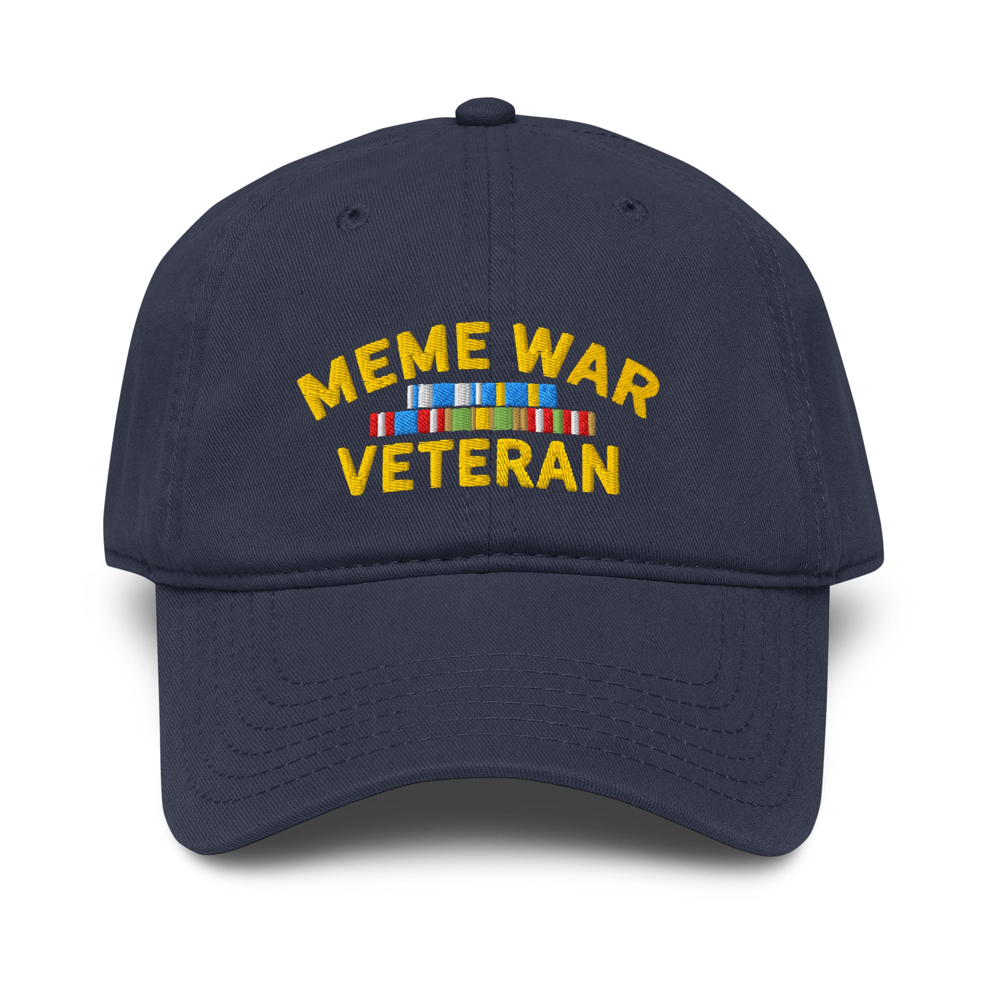 Navy blue cap with 'Meme War Veteran' text and ribbons on a white background