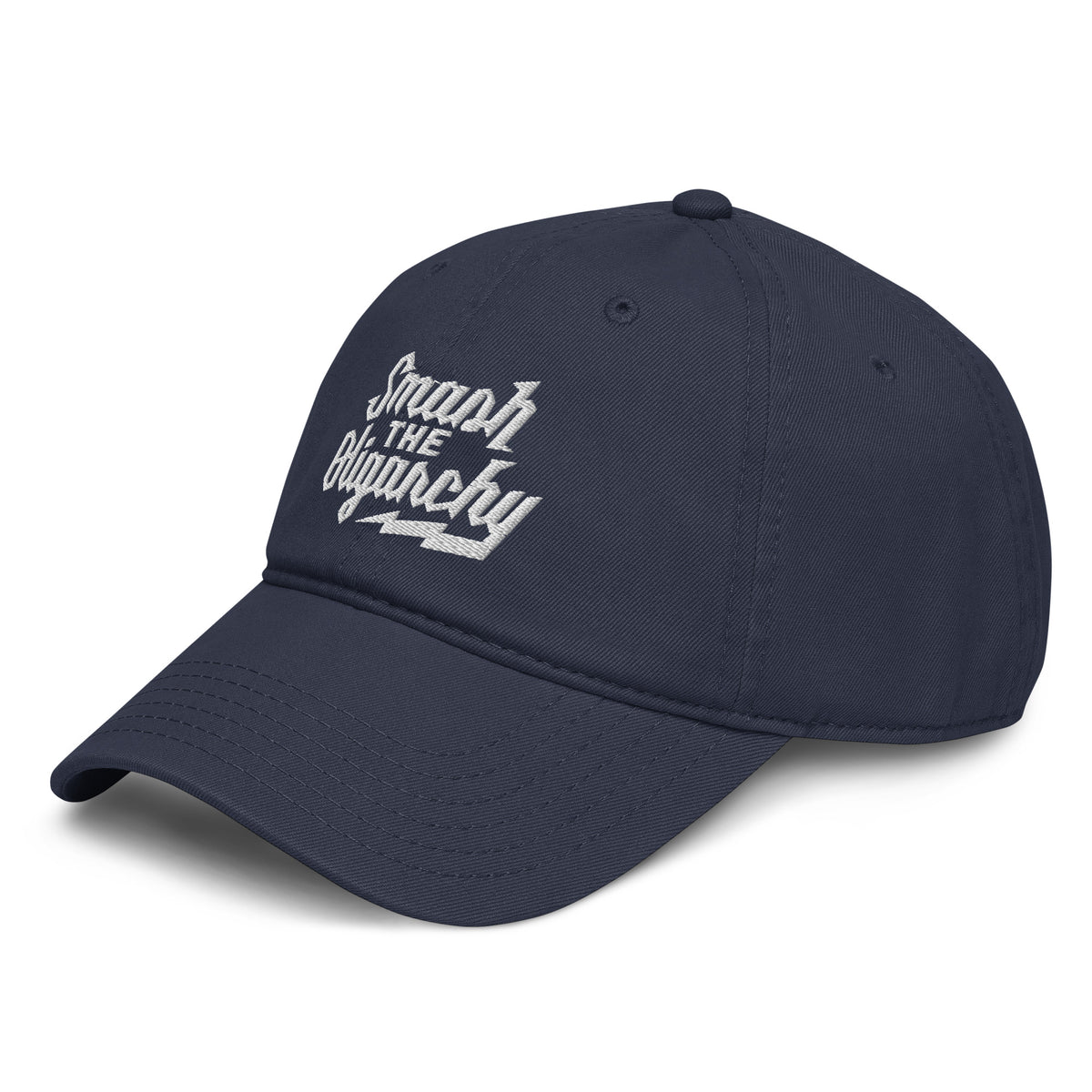 Navy blue cap with white text on a white background