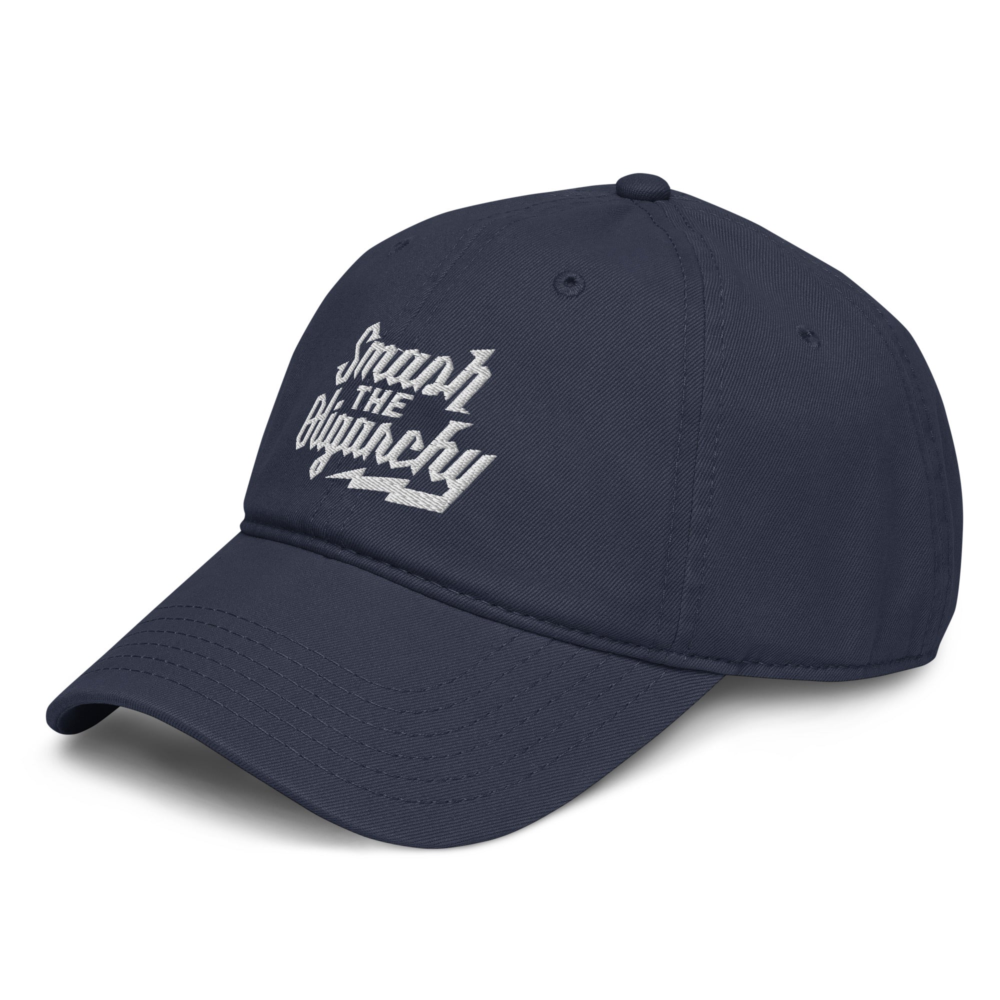 Navy blue cap with white text on a white background