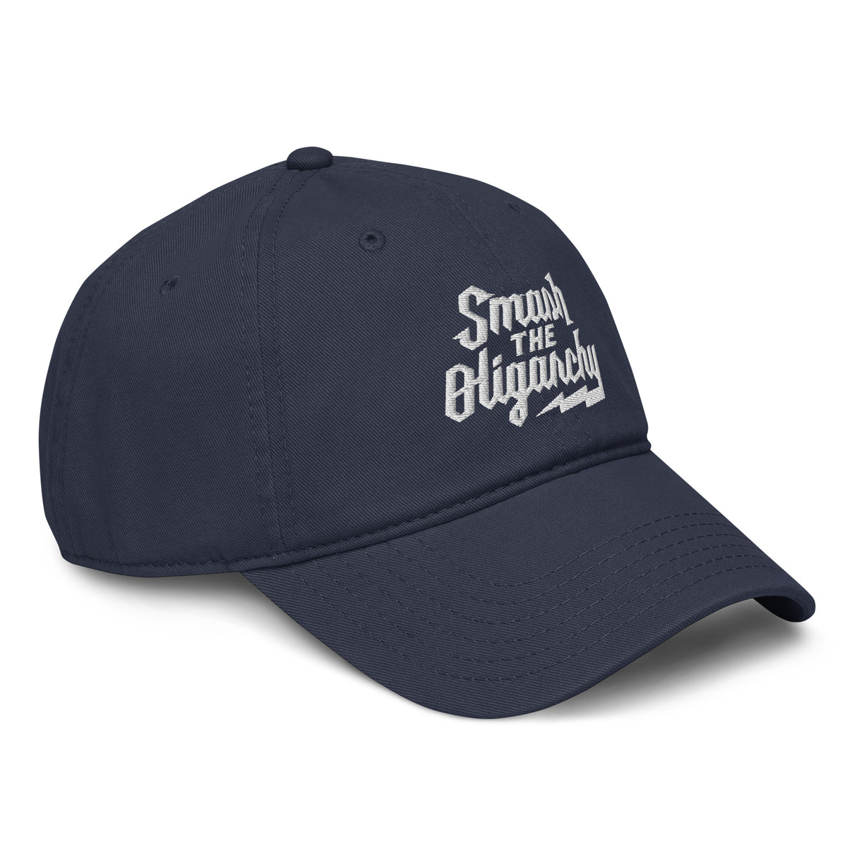 Navy blue cap with white text on a white background