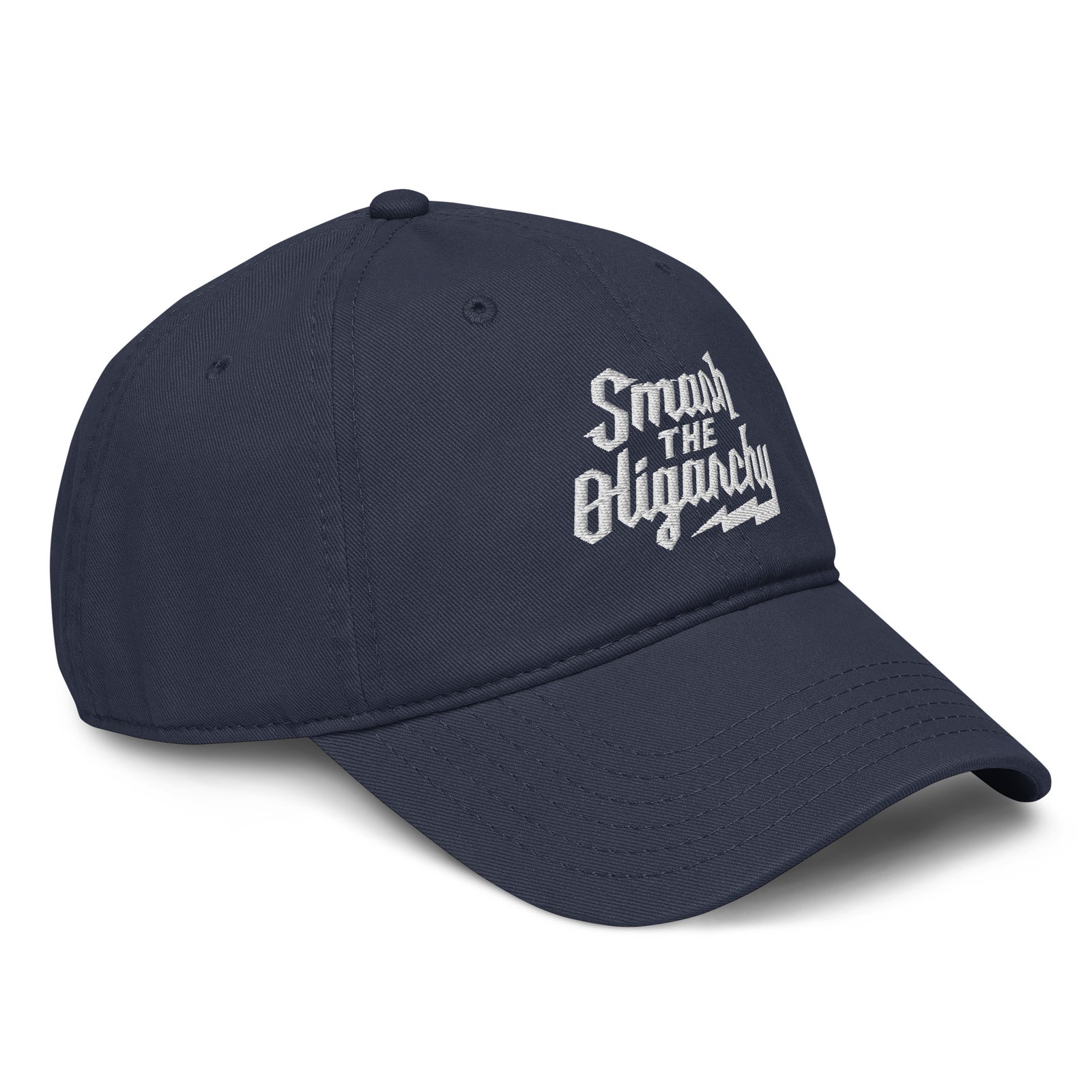 Navy blue cap with white text on a white background