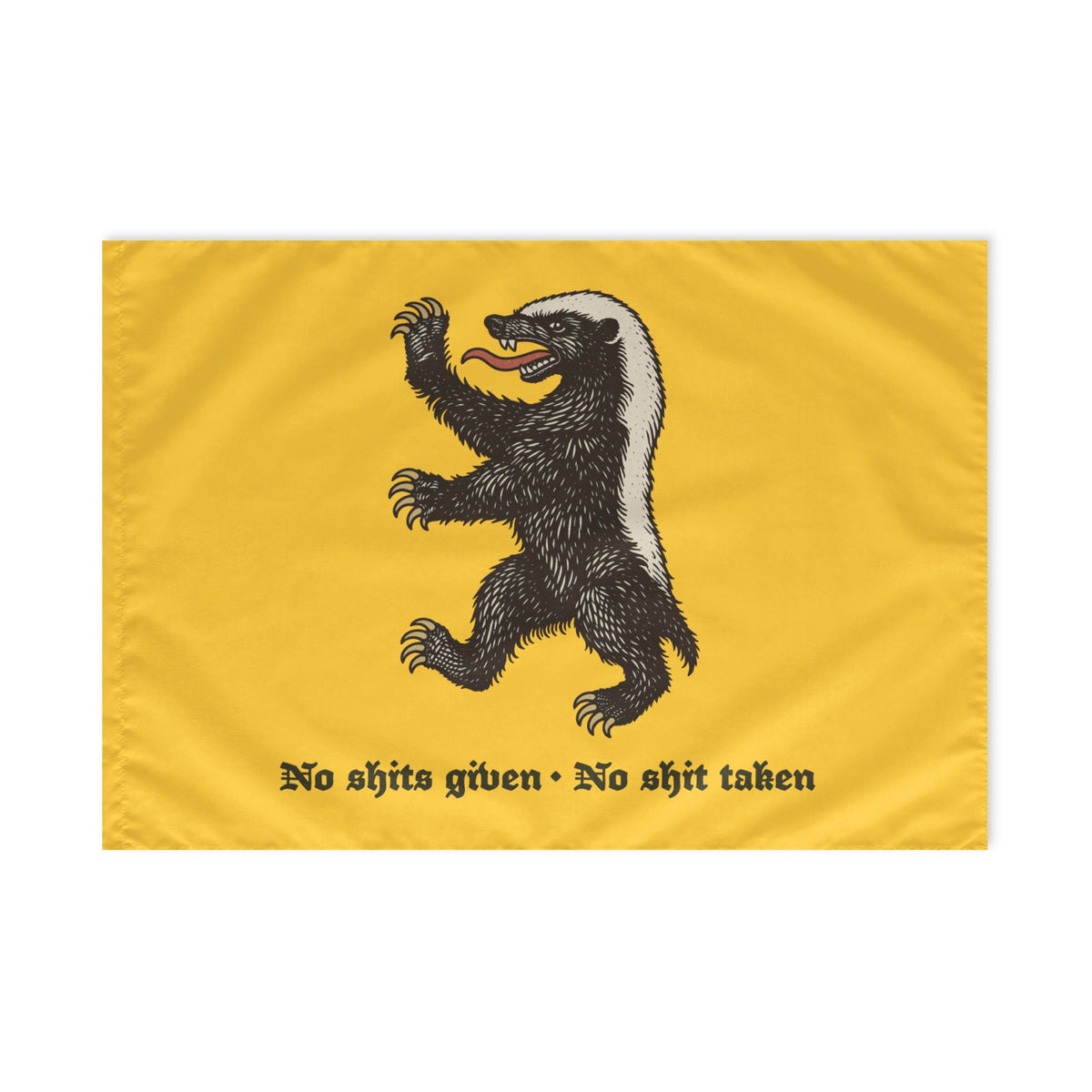 Reverse-side view of Liberty Maniacs’ 24 × 36-inch honey badger flag, showing the printed heraldic animal, motto, and stitched yellow edges