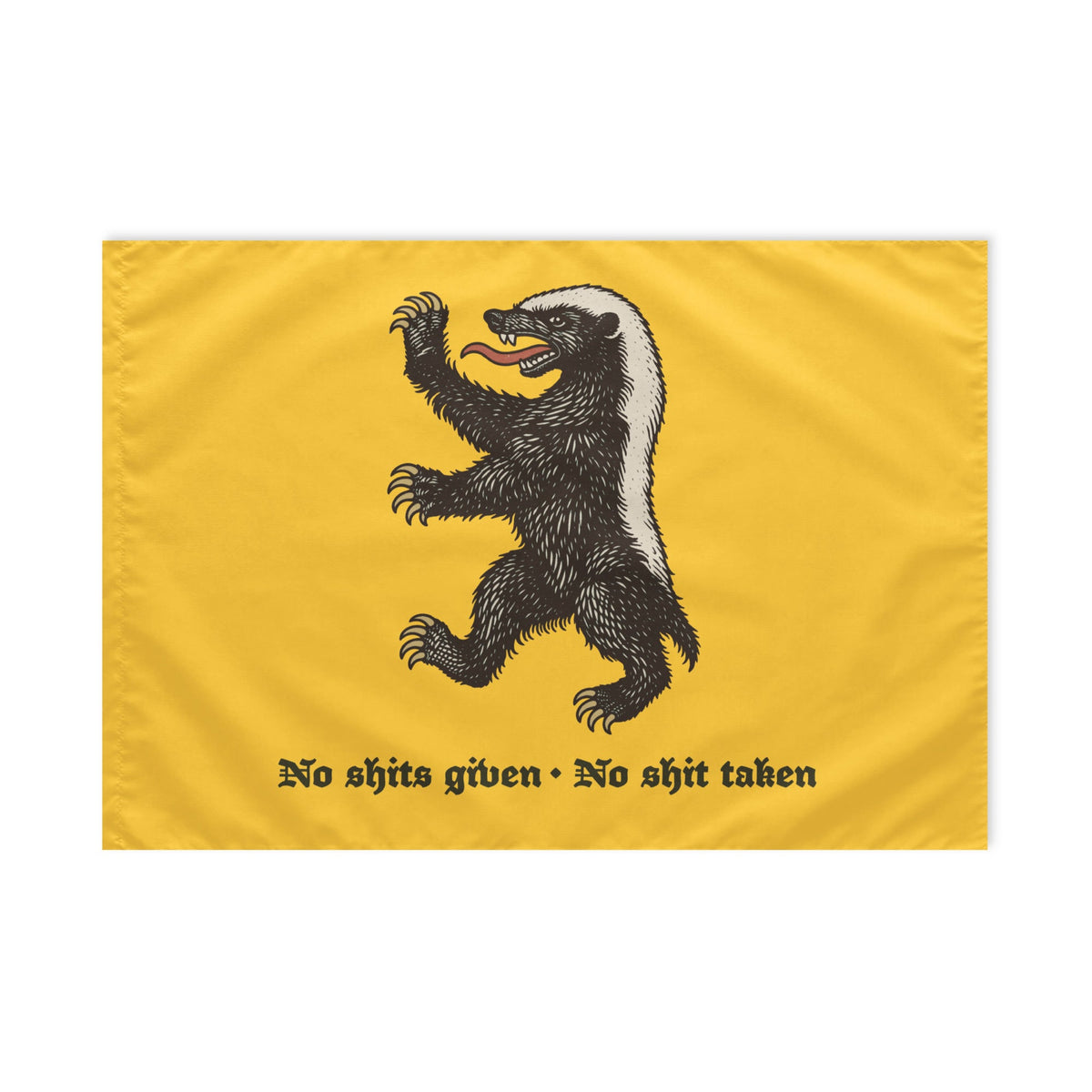 Liberty Maniacs 24 × 36-inch yellow honey badger flag, front view showing the raised claws, cream back stripe, red tongue, and blackletter motto