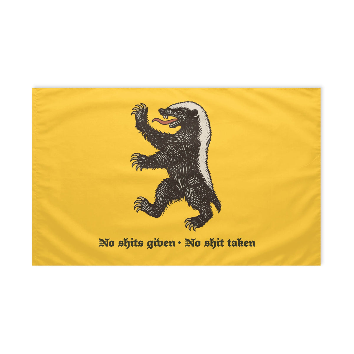Liberty Maniacs 36 × 60-inch yellow honey badger flag, reverse-side view showing the wide format and “No shits given · No shit taken” design
