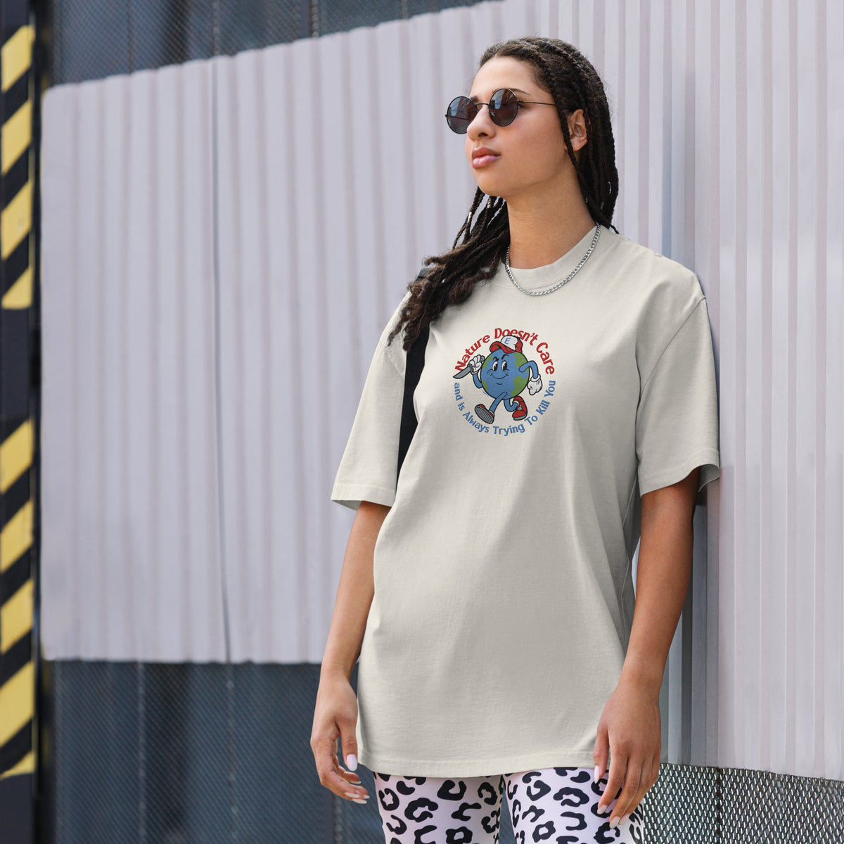 Nature Doesn&#39;t Care Embroidered Oversized Faded T-Shirt