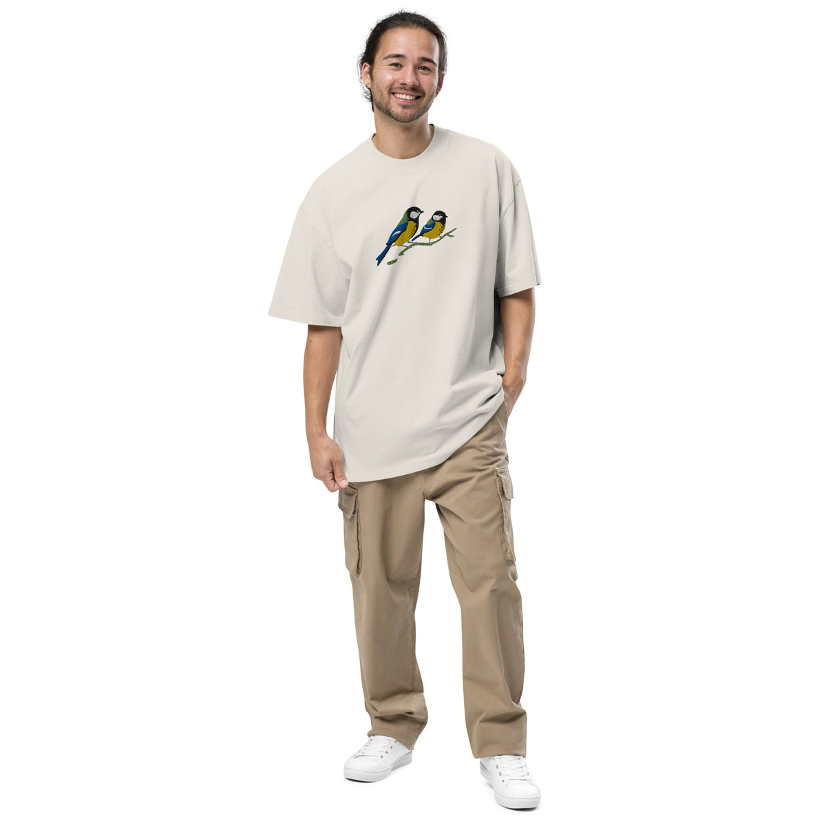 Pair of Great Tits Embroidered Oversized T-Shirt